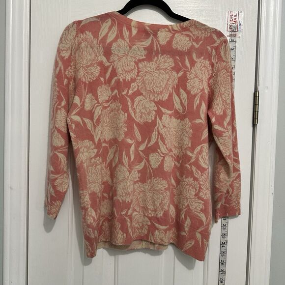 Talbots Petites 100% Cashmere Pink Ivory Floral Cardigan Sweater Size Large - Picture 7 of 9